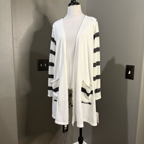 New Lularoe Caroline Open Front Cardigan Sweater White Grey Stripes - Picture 10 of 10